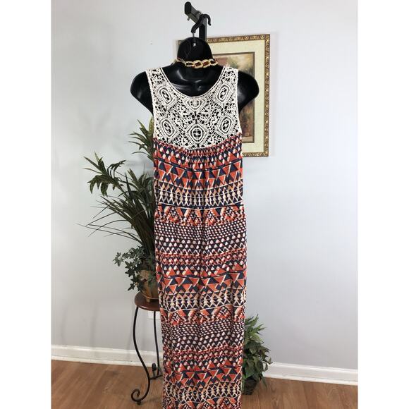 Lucky Brand Women M Maxi Dress Sleeveless Crochet Artsy Boho Geometric Pullover - Picture 4 of 8